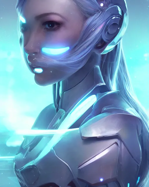 Image similar to perfect android girl on a mothership, warframe armor, beautiful face, scifi, futuristic, galaxy, nebula, raytracing, dreamy, long white hair, blue cyborg eyes, sharp focus, cinematic lighting, highly detailed, artstation, divine, by gauthier leblanc, kazuya takahashi, huifeng huang