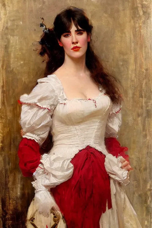 Image similar to painting of Jennifer Connelly by Richard S. Johnson and Solomon Joseph Solomon and Richard Schmid and Jeremy Lipking victorian genre painting full length portrait painting of a young beautiful woman traditional german french barmaid in fantasy costume, red background