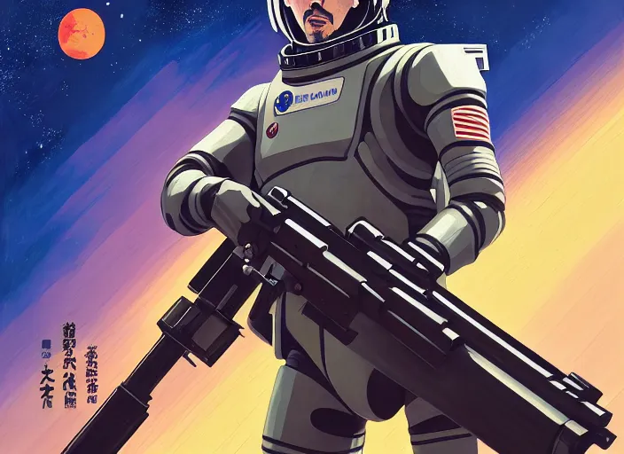 Prompt: portrait of Keanu Reeves astronaut man holding an assault rifle cannon, humanoid, murata range, last exile, ilya kuvshinov, Kyoto animation, concept art, yoshitoshi abe, katsura masakazu,tsutomu nihei, gustav klimt,loish, kawaii, studio lighting, manga, bright colors, anime,beautiful, 35mm lens,noir, vibrant high contrast, gradation, jean giraud, moebius, fantasy, rule of thirds, fibonacci, intricate, cel shaded, flat, matte print, smooth,artstation, soft eyes,concept art