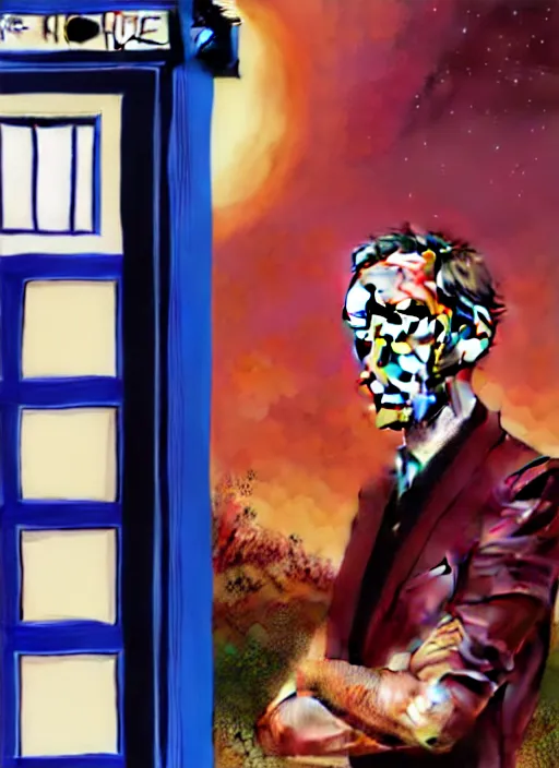 Image similar to portrait of hugh laurie standing next to the tardis from doctor who, portrait, pixar style, by tristan eaton stanley artgerm and tom bagshaw.