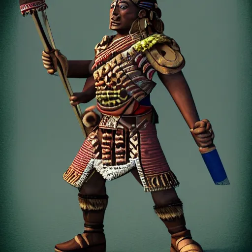 Image similar to high resolution render of an Aztec Warrior with jade jewelry and a stone bladed club