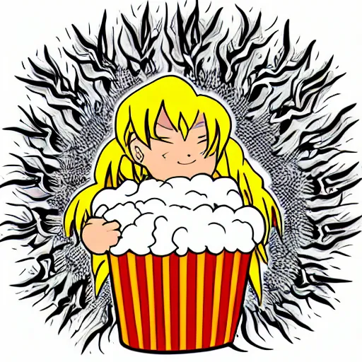 Image similar to fluffy exploding popcorn elemental spirit, in the style of a manga character, with a smiling face and flames for hair, sitting on a lotus flower, white background, simple, clean composition, symmetrical