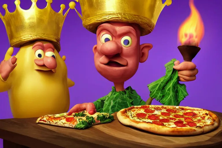 Prompt: cabbage character, king, wearing golden crown, pizza, wood fired oven, cooking pizza, high heat, walrus waving in background, highly detailed 3 d render, artstation, surrealism, pixar