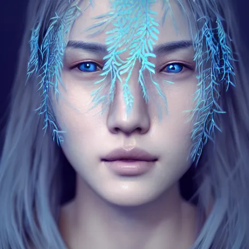 Image similar to intricate highly detailed face portrait of asian - european woman, light blue water vines on her face, intricate, cgsociety, unreal engine, octane render, sharp focus, smooth, volumetric lighting, cinematic composition, artstation