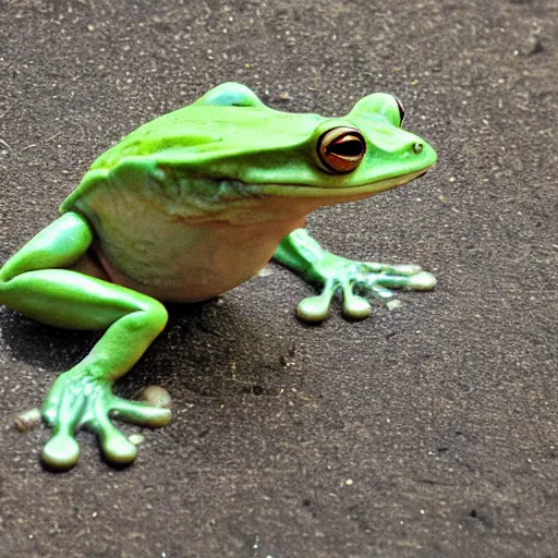 Prompt: human! frog werecreature, photograph captured at woodland creek