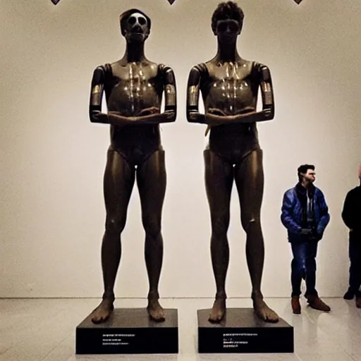 Image similar to “a realistic detailed photo of a guy who is an attractive humanoid who is half robot and half humanoid, who is a male android, British diver Jack Laugher & Chris Mears, shiny skin, posing like a statue, blank stare, at the museum, on display”