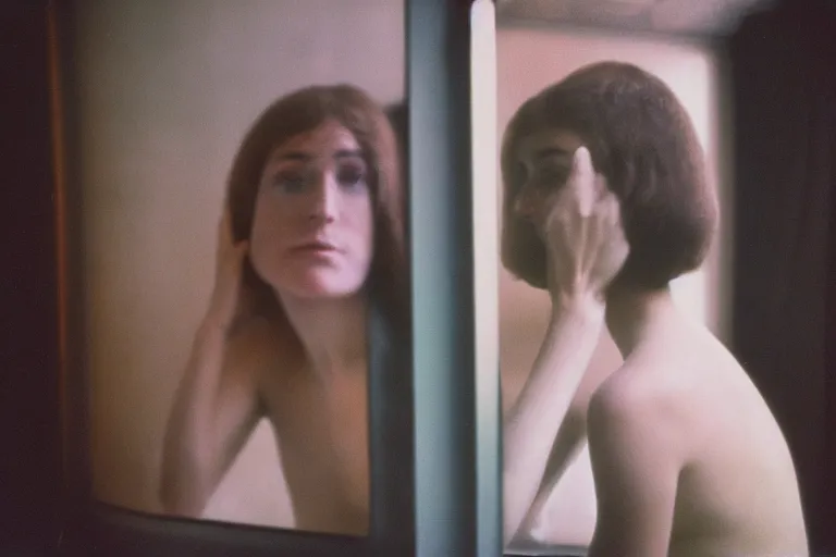 Prompt: close-up color film photography 1970s, woman standing near mirror, soft light, 35mm, film photo, Joel Meyerowitz