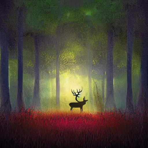 Prompt: a landscape full of dark grass and glowing mushrooms with a deer digital art