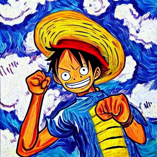 Prompt: Luffy from One Piece fist fights Jesus, in the style of a Van Gogh painting