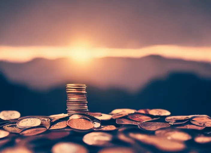 Prompt: a 3 5 mm photo of hills made of of coins, with a man standing on top, splash art, movie still, bokeh, canon 5 0 mm, cinematic lighting, dramatic, film, photography, golden hour, depth of field, award - winning, anamorphic lens flare, 8 k, hyper detailed, 3 5 mm film grain