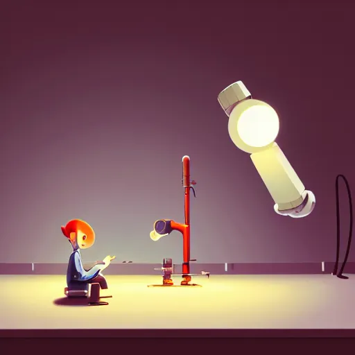 Prompt: goro fujita ilustration a science laboratory, tools for science research, scientist highly detailed working on a robot, small streaks of light from a lamp, painting by goro fujita, sharp focus, highly detailed, artstation