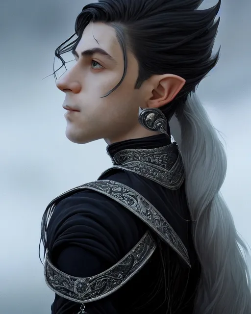 Prompt: 3 / 4 portrait, beautiful male elf, long hair, elegant, super detailed, black dress with silver accenting, silver very ornate jewelry, cape, 8 k, cinematic, backlight, octane render, dusk, sky, warm lighting, artstation, greg rutkowski, rossdraws, william bouguereau, sharp focus