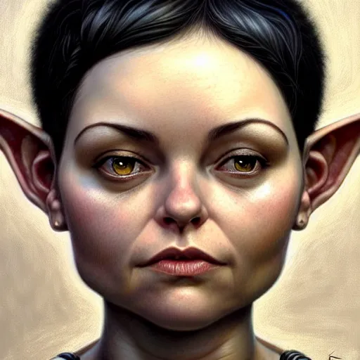 Prompt: portrait of a beautiful cute strong charming realistic female gnome engineer, short pixie undercut black hair, d & d, micro detail, intricate, elegant, highly detailed, centered, rule of thirds, artstation, sharp focus, illustration, artgerm, tomasz alen kopera, donato giancola, wlop