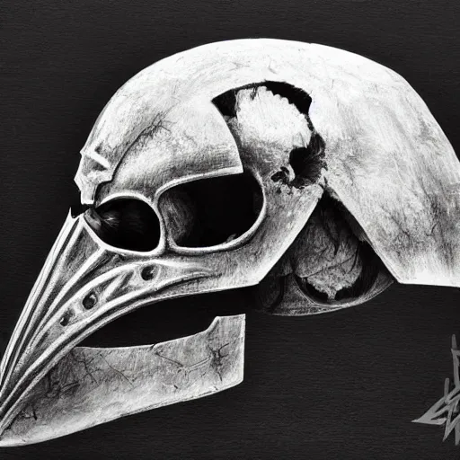 Image similar to crow skull knight helmet, headshot, side elevation, grimdark, fantasy, dark souls, hyperrealistic, art by mike franchina