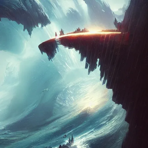 Image similar to A ship falling off the infinitely wide waterfalls at the edge of the world, fantasy art by Greg Rutkowski