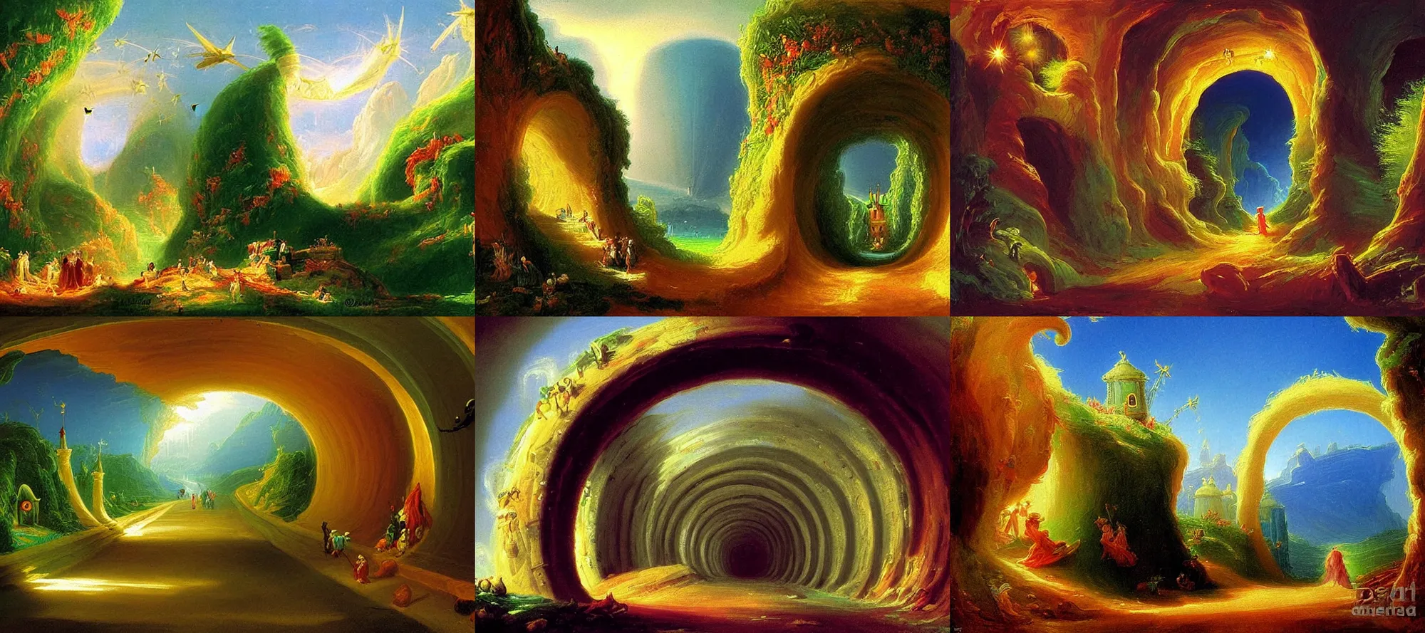 Prompt: tunnel of love ukraine in the style of dr. seuss, starships, painting by thomas cole