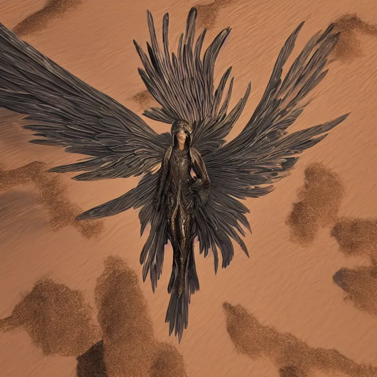 Prompt: detailed silhouette of Archangel Raphael with detailed feathered metallic wings and sword, desert planet orbited by three moons, highly detailed dunes, highly detailed rock formations, sand storm, low camera angle, atmospheric establishing shot, cinematic lighting, octane renderer, 4k,