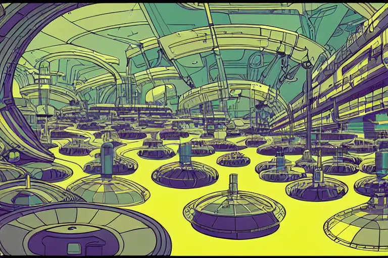 Prompt: a scifi illustration, factory interior. parallax birds eye view. vats of fluid. flat colors, limited palette in FANTASTIC PLANET La planète sauvage animation by René Laloux