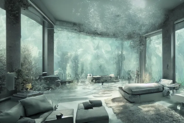 Image similar to the most amazing dream you ever had about spacious interior with aquariums as walls, hyper realistic, ambient lighting, concept art, intricate, hyper detailed, smooth, dynamic volumetric lighting, octane, cinematic