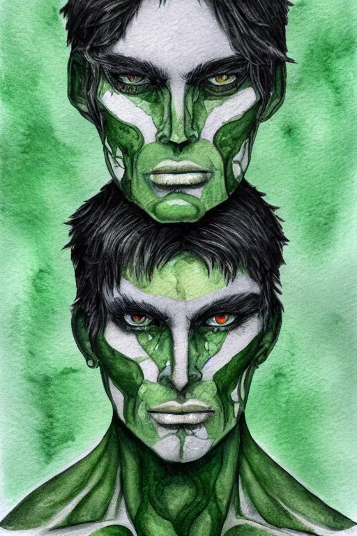 Prompt: green man with prominent cheekbones, deep dimples, and strong jawline. blue eyes, green skin, black hair with white streaks. fantasy portrait illustration, watercolor and colored pencils.