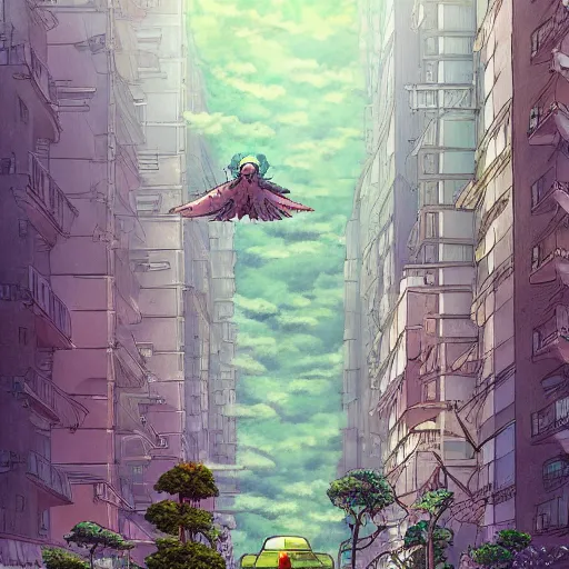 Image similar to a beautiful movie still in the style of Studio Ghibli anime showing a giant alien creature flying through a post-apocalyptic New York City overrun with vegetation. Studio Ghibli, trending on artstation, trending on behance