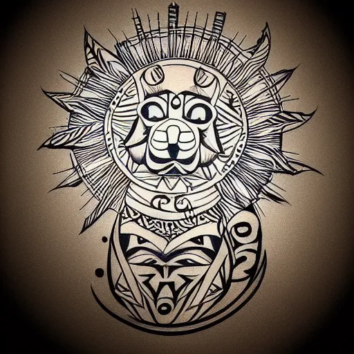 Image similar to tattoo sketch of a dog hugging the sun, on a canva, polynesian style, maori, ornament, lines, vector,