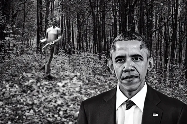 Prompt: barack obama is hunting you in the woods at night, horror, grainy, found footage, monster, photo