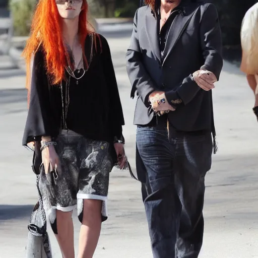 Prompt: johnny depp with his new girlfriend with ginger hair.