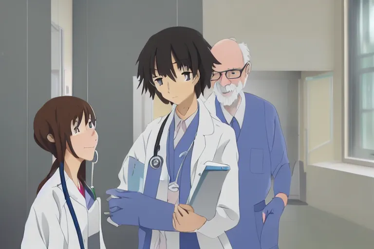 Image similar to a cute and beautiful young female doctor wearing white coat are talking with an old professor in a hospital, slice of life anime, lighting, anime scenery by Makoto shinkai