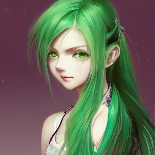 Image similar to girl with long light green hair, light green eyes, a small pigtail on the left side, chinese dress, anime style, hyper detailed, illustration, digital painting, art by artgerm and greg rutkowski and alphonse mucha, high delicate defined details, anime stylized, highly detailed, realistic, sharp focus, artstation