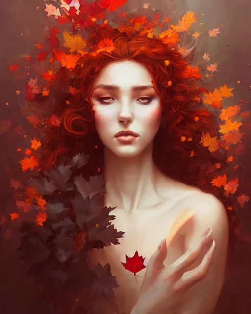 Image similar to beautiful autumn priestess with curly red - hair, flurry of leaves and flowers, warm aura, artgerm, peter mohrbacher, alena aenami, artstation