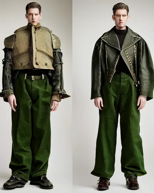 Prompt: a fashion editorial photo of a green extremely baggy short ancient medieval designer menswear motorcycle jacket with an oversized collar and baggy bootcut trousers designed by alexander mcqueen, 4 k, studio lighting, wide angle lens