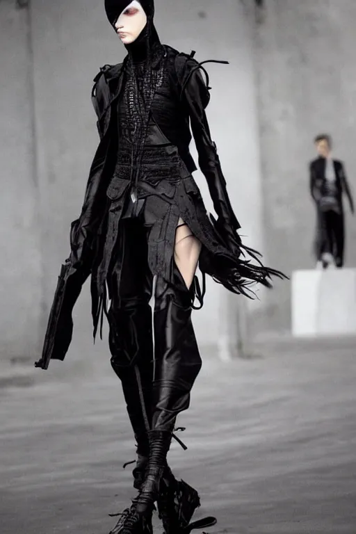 Image similar to beautiful androgynous high fashion avant garde techwear look and clothes, we can see them from feet to head, highly detailed and intricate, luxury, cinematic, rick owens, yohji yamamoto, y 3, outfit photo, hot on r / streetwear, trending on artstation,