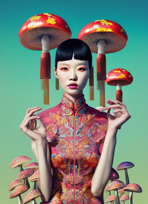 Prompt: pretty chinese model with hallucination mushroom : : by martine johanna and simon stalenhag and chie yoshii and casey weldon and wlop : : ornate, dynamic, particulate, rich colors, intricate, elegant, highly detailed, centered, vogue, harper's bazaar art, fashion magazine, smooth, sharp focus, octane render, 8 k