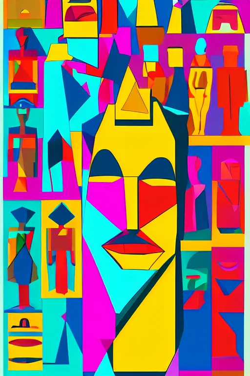 Image similar to abstract cubist moai statue geometric cutout digital illustration cartoon colorful beeple