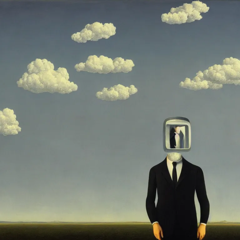 Image similar to portrait of a faceless reflective chrome - head man in a suit and black gloves, clouds and nature landscape in the background, by rene magritte, detailed painting, distance, centered, hd, hq, high resolution, high detail, 4 k, 8 k