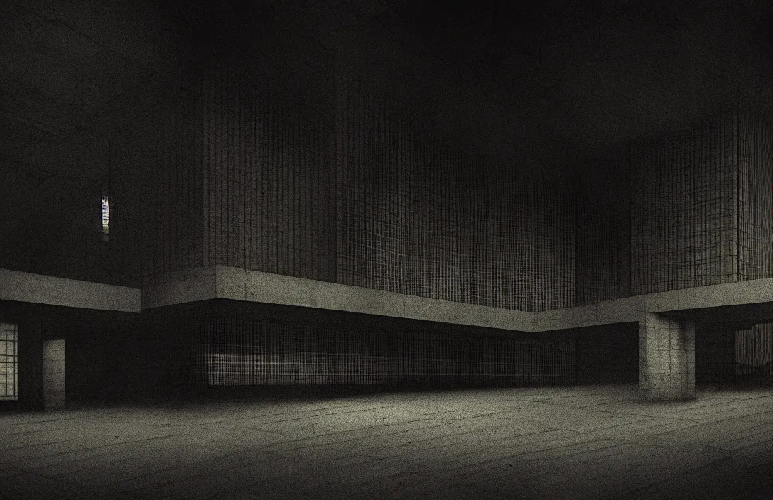 Image similar to line density is used for rendering light and shadow. intact flawless ambrotype from 4 k criterion collection remastered cinematography gory horror film, ominous lighting, evil theme wow photo realistic postprocessing implied lines building by mies van der rohe render by christopher soukup