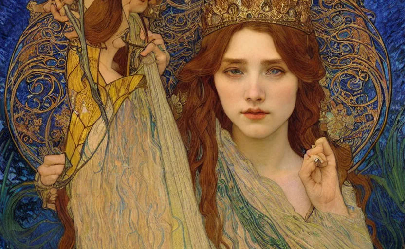 Image similar to detailed realistic beautiful young medieval queen face portrait by jean delville, alphonse mucha, vincent van gogh, and marco mazzoni, art nouveau, symbolist, visionary, gothic, pre - raphaelite