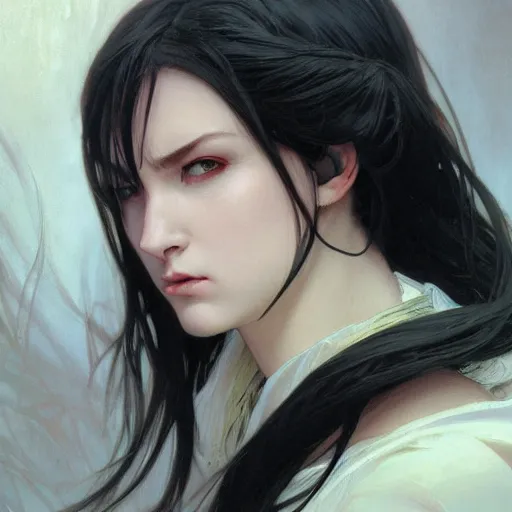 Image similar to angry girl, portrait, ice magic, long face, sharp features, black hair, dark robe, art by artgerm and greg rutkowski and alphonse mucha, trending on artstation, cinematic light, pastel colors, volumetric shading, high radiosity dull skin, global illumination, radiant light, soft light, soft color dodge, subsurface scattering