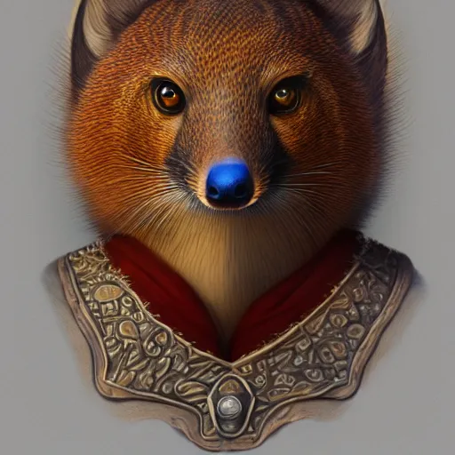 Image similar to studio portrait of the anthropomorphic arikara mongoose mage, noble bearing. super fine surreal detailed face illustration by kim jung gi, iraq nadar, intricate lines, clear focus, vivid colors, matte portrait, octopath voyager, dnd, unreal engine highly rendered, radiant light, intricate, trending