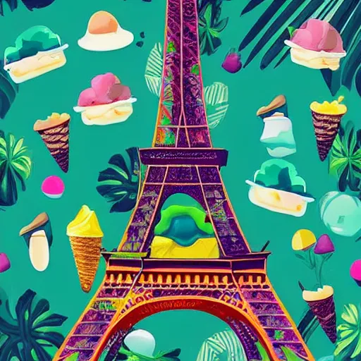 Image similar to eiffel tower surrounded by ice cream in a tropical forest with animals, modern art, mysterious, colorful,