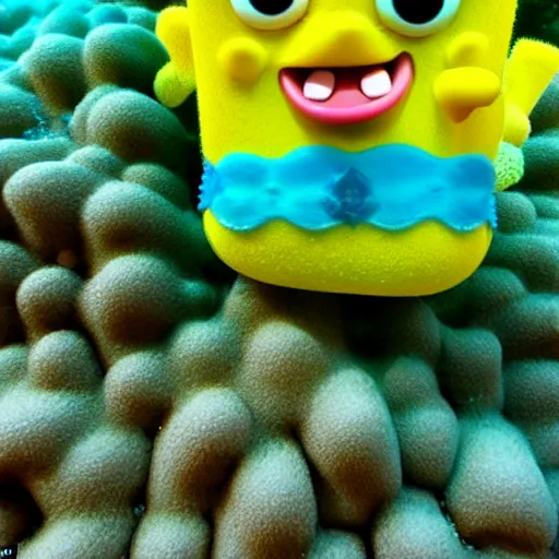 Image similar to High detailed shot of a Sponge that looks exactly like Spongebob found along a coral reef