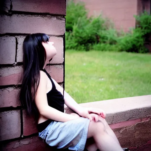 Prompt: a photograph of an emo goth girl sitting on a brick wall on a hot day, 2006, black hair, English, depth of field