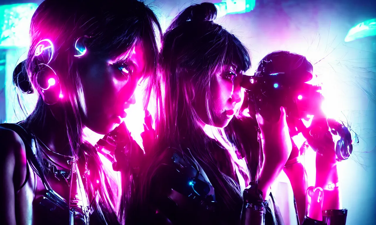 Image similar to neon cyberpunk sailor moon with arm tattoos, 1 / 4 headshot, cinematic lighting, dystopian scifi gear, gloomy, profile picture,