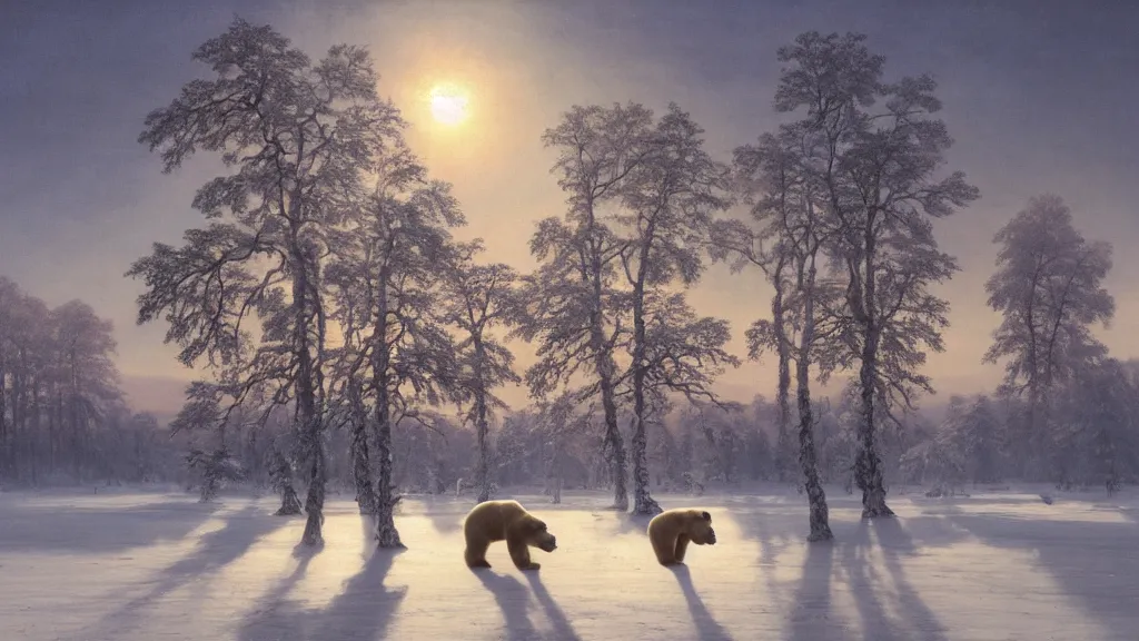 Image similar to the most beautiful panoramic landscape, oil painting, where a giant dreamy lake is frozen, the trees around have snow over their leafs, a giant polar bear is exhaling steam while walking over the frozen lake, the frozen lake is reflecting the giant polar bear and the ray lights of the sunrise are brightening him, by greg rutkowski