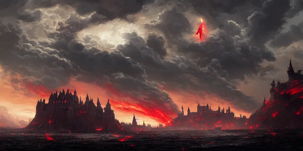 Image similar to A huge red dragon swoops past an imposing medieval castle, breathing fire, dark fantasy, stormy sky, lightning, digital art by Greg Rutkowski and Studio Ghibli