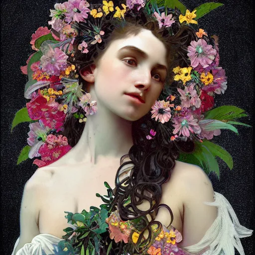 Prompt: A Black background portrait of An angel in a dress made of flowers by greg rutkowsk and alphonse mucha,In style of digital art illustration.Dark Fantasy,Rembrandt lighting,Ray tracing,hyper detailed,sharp focus,Soft light.trending on artstation.4k