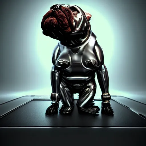 Prompt: « a cyborg bulldog sitting down, cyberpunk art by grillo demo, cgsociety, computer art, future tech, made of liquid metal, sketchfab »