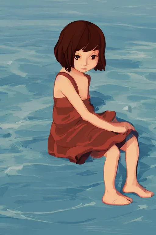 Image similar to a little girl sit beach. clean cel shaded vector art. illustration art by lois van baarle and helen huang and artgerm