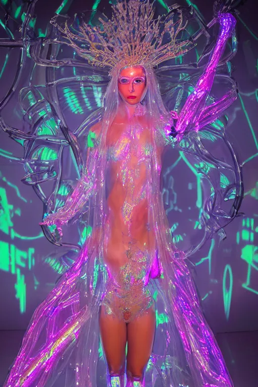 Image similar to full-body rococo and cyberpunk delicate neon crystalline sculpture of (((muscular slender Nick Jonas))) as an iridescent humanoid deity wearing a thin see-through ((plastic hooded cloak)) sim roupa, reclining con (las piernas abiertas), glowing pink face, crown of (((white lasers))), large diamonds, swirling black silk fabric. futuristic elements. oozing glowing liquid, full-length view. space robots. (((human skulls))). throne made of bones, intricate artwork by caravaggio. Trending on artstation, octane render, cinematic lighting from the right, hyper realism, octane render, 8k, depth of field, 3D